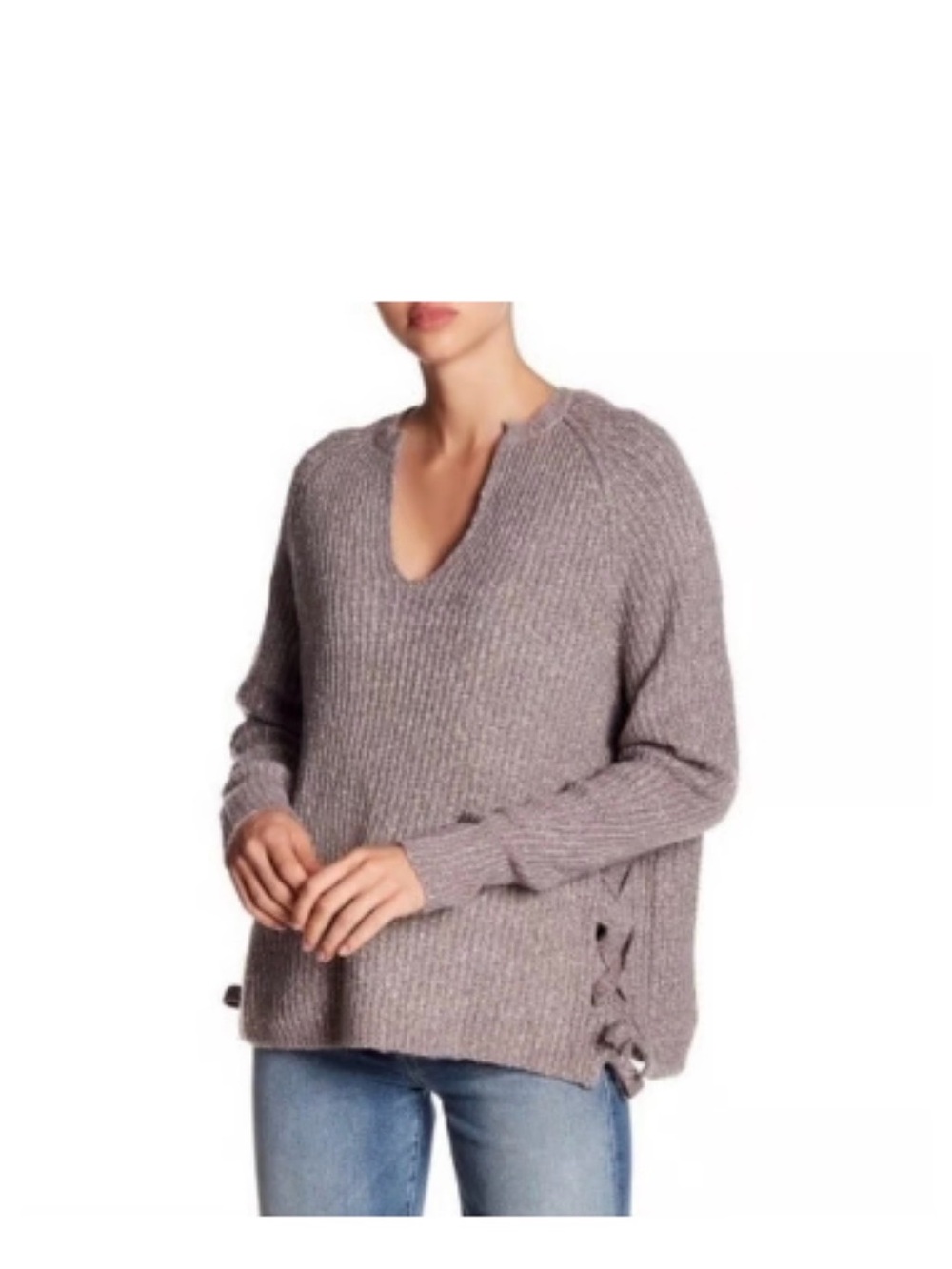 John + Jenn Relaxed V-Neck Side-Tie Sweater Beige- Gray| Size Medium